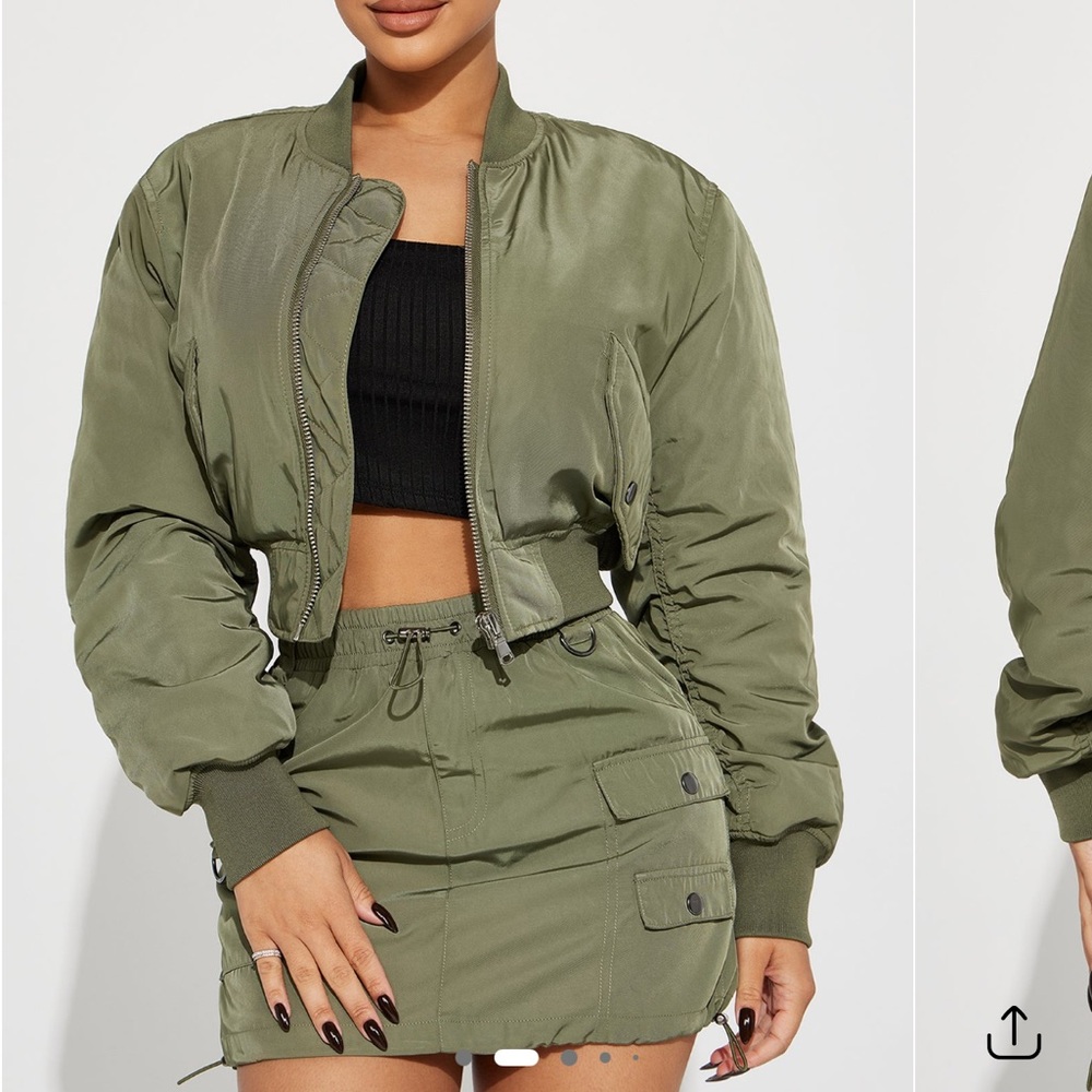 Fashion Nova Olive Green Got to Get Away Bomber Skirt Set - Picture 10 of 11